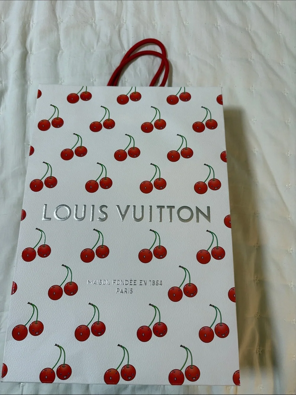 Louis Vuitton White & Red Cherry Tote Shopping Bag